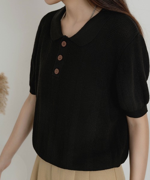 MAISON DE THERESE(メゾン ド テレーズ)の「ニットポロネックTシャツ(ポロシャツ・レディース・ブラック/グリーン/ベージュ/ネイビー・FREE)」の7枚目の写真