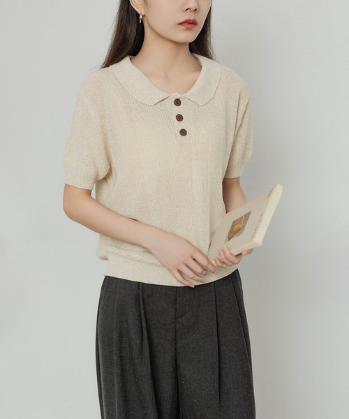 MAISON DE THERESE(メゾン ド テレーズ)の「ニットポロネックTシャツ(ポロシャツ・レディース・ブラック/グリーン/ベージュ/ネイビー・FREE)」の13枚目の写真