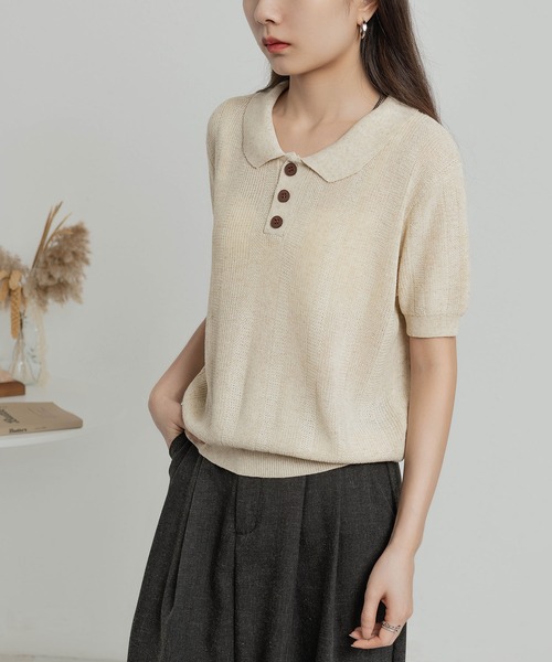 MAISON DE THERESE(メゾン ド テレーズ)の「ニットポロネックTシャツ(ポロシャツ・レディース・ブラック/グリーン/ベージュ/ネイビー・FREE)」の16枚目の写真