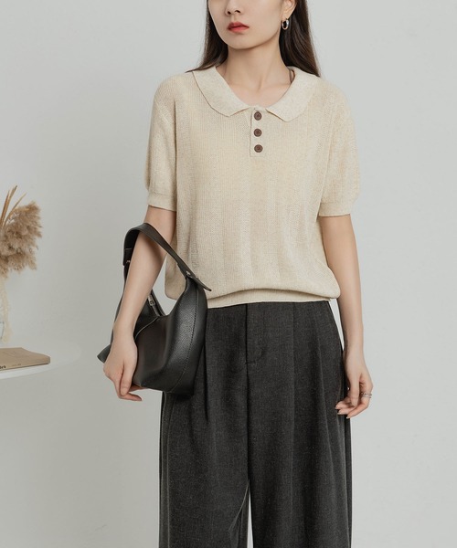 MAISON DE THERESE(メゾン ド テレーズ)の「ニットポロネックTシャツ(ポロシャツ・レディース・ブラック/グリーン/ベージュ/ネイビー・FREE)」の15枚目の写真