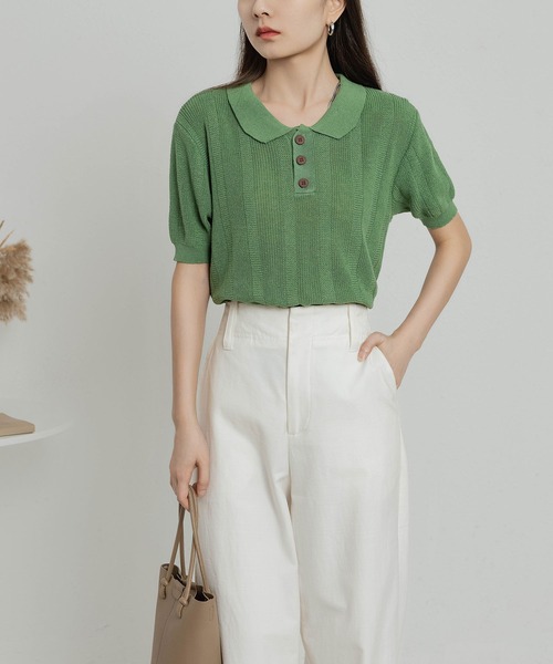 MAISON DE THERESE(メゾン ド テレーズ)の「ニットポロネックTシャツ(ポロシャツ・レディース・ブラック/グリーン/ベージュ/ネイビー・FREE)」の22枚目の写真