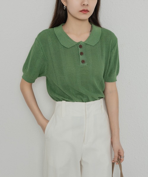 MAISON DE THERESE(メゾン ド テレーズ)の「ニットポロネックTシャツ(ポロシャツ・レディース・ブラック/グリーン/ベージュ/ネイビー・FREE)」の19枚目の写真