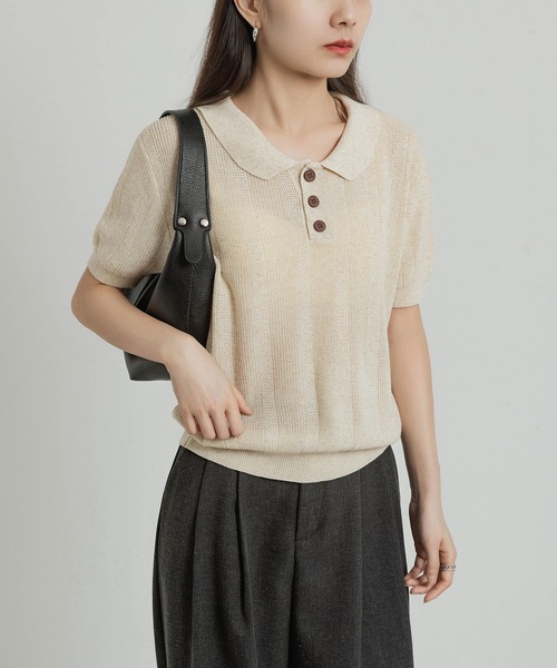 MAISON DE THERESE(メゾン ド テレーズ)の「ニットポロネックTシャツ(ポロシャツ・レディース・ブラック/グリーン/ベージュ/ネイビー・FREE)」の14枚目の写真