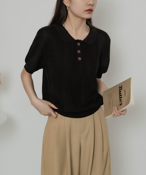 MAISON DE THERESE(メゾン ド テレーズ)の「ニットポロネックTシャツ(ポロシャツ・レディース・ブラック/グリーン/ベージュ/ネイビー・FREE)」の5枚目の写真