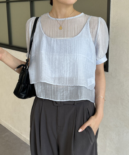 Thevon（ゼボン）の「ビスチェセット5分袖シアーブラウス（シャツ/ブラウス・レディース・オフホワイト/ブラック/サックスブルー・FREE）」の3枚目の写真