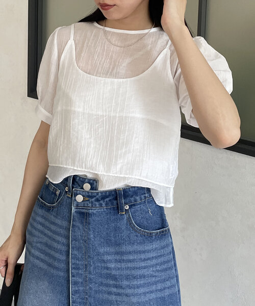 Thevon（ゼボン）の「ビスチェセット5分袖シアーブラウス（シャツ/ブラウス・レディース・オフホワイト/ブラック/サックスブルー・FREE）」の5枚目の写真