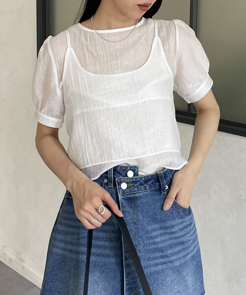 Thevon（ゼボン）の「ビスチェセット5分袖シアーブラウス（シャツ/ブラウス・レディース・オフホワイト/ブラック/サックスブルー・FREE）」の7枚目の写真