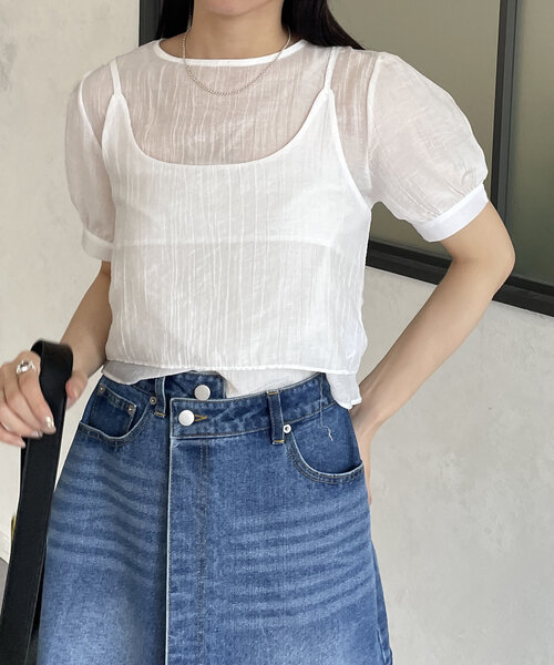 Thevon（ゼボン）の「ビスチェセット5分袖シアーブラウス（シャツ/ブラウス・レディース・オフホワイト/ブラック/サックスブルー・FREE）」の8枚目の写真