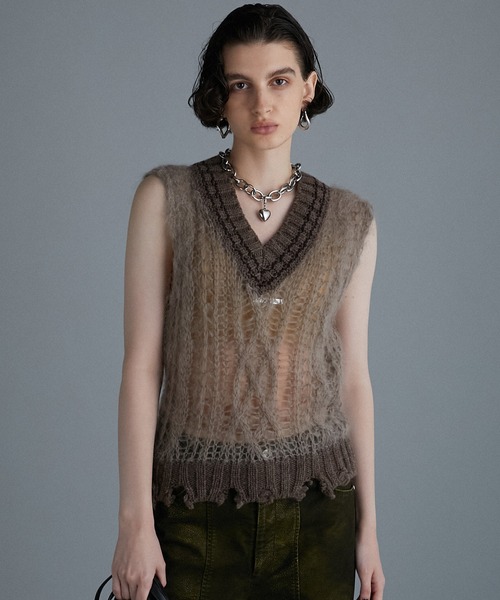 PRANK PROJECT(プランクプロジェクト)の「シアーチルデンニットベスト / Sheer Tilden Knit Vest(ニット/セーター・レディース・ブラック/グレー/モカ・FREE)」の3枚目の写真