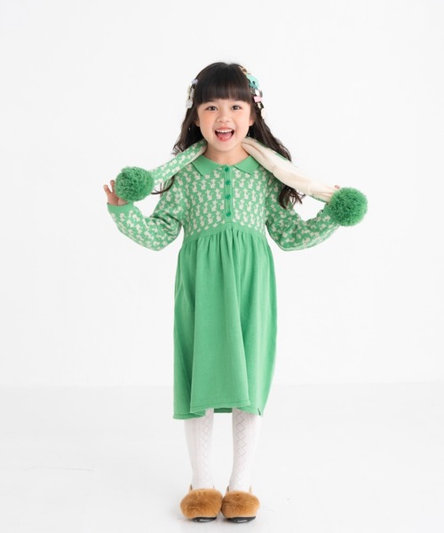 nino（ニノ）の「ＫＮＩＴ Ｃａｔジャガードワンピース（ワンピース・キッズ・エメラルド/ブラック・130cm/150cm/140cm）」の2枚目の写真
