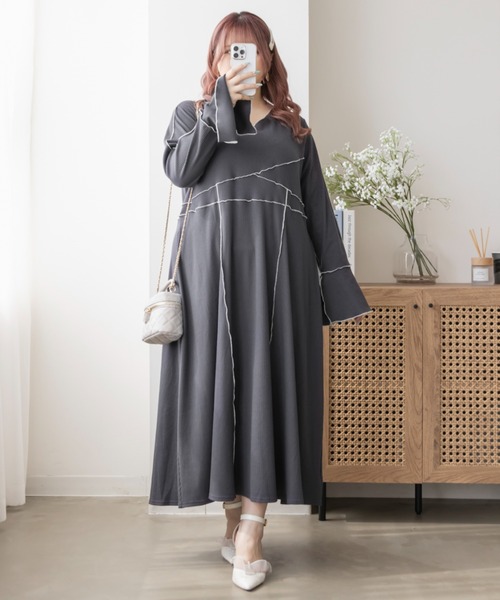 CLETTE(クレット)の「配色メロー長袖リブワンピース(ワンピース・レディース・モカ/ブルーグレー/チャコールグレー・4L/3L/LL)」の10枚目の写真