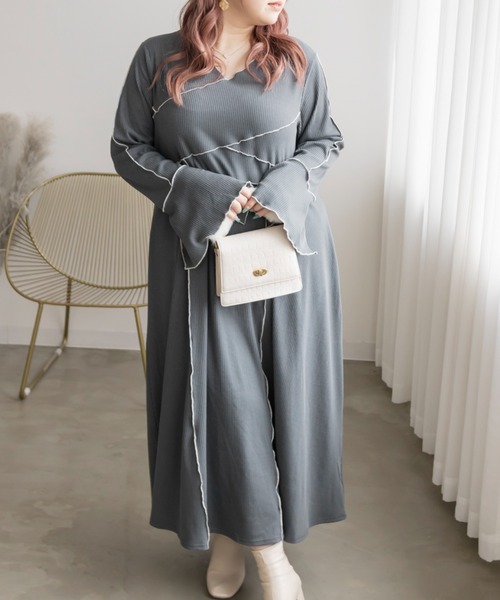 CLETTE(クレット)の「配色メロー長袖リブワンピース(ワンピース・レディース・モカ/ブルーグレー/チャコールグレー・4L/3L/LL)」の19枚目の写真