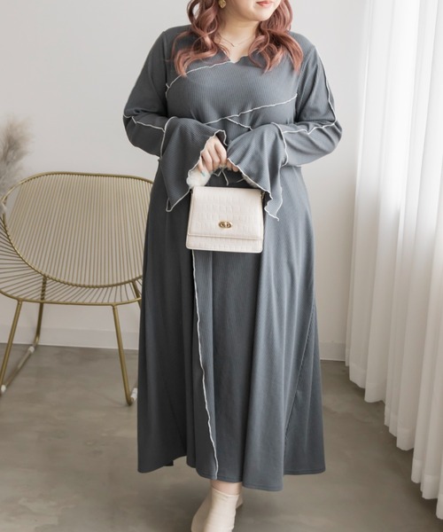 CLETTE(クレット)の「配色メロー長袖リブワンピース(ワンピース・レディース・モカ/ブルーグレー/チャコールグレー・4L/3L/LL)」の17枚目の写真