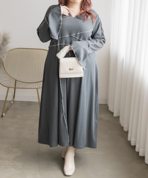 CLETTE(クレット)の「配色メロー長袖リブワンピース(ワンピース・レディース・モカ/ブルーグレー/チャコールグレー・4L/3L/LL)」の18枚目の写真