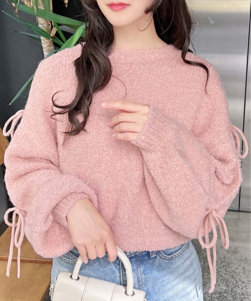 INGNI(イング)の「袖スリットリボンブークレニット(ニット/セーター・レディース・ピンク/グレー/アイボリー・M)」の16枚目の写真