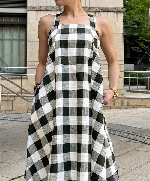 ジェンヌ JENNE 　大人チェックワンピース　Lサイ リネン風大人チェックワンピース（ワンピース）｜JENNE