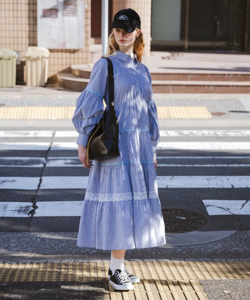 【Harrods】デニムストライプワンピース waving stripe onepiece / ティアードストライプワンピース