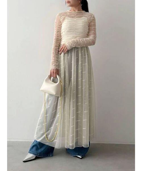 OUNNOUN（オウンノウン）の「【OUNNOUN】ロゴプリントチュールワンピース（ワンピース・レディース・ブラック/ベージュ/ミント・MEDIUM/SMALL）」の3枚目の写真