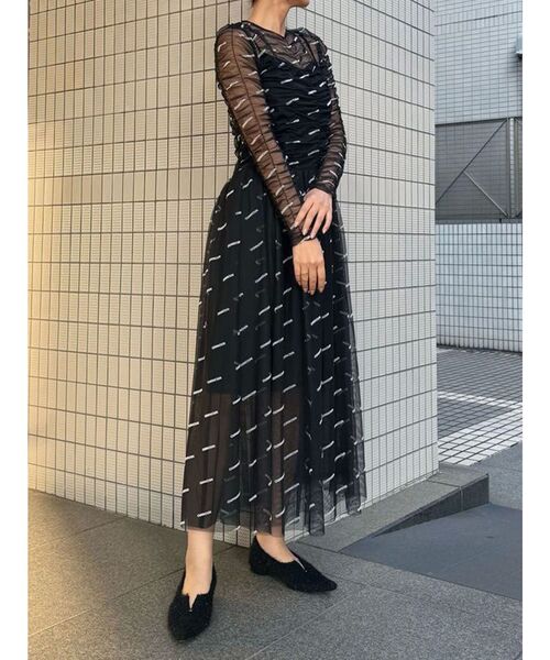 OUNNOUN（オウンノウン）の「【OUNNOUN】ロゴプリントチュールワンピース（ワンピース・レディース・ブラック/ベージュ/ミント・MEDIUM/SMALL）」の2枚目の写真