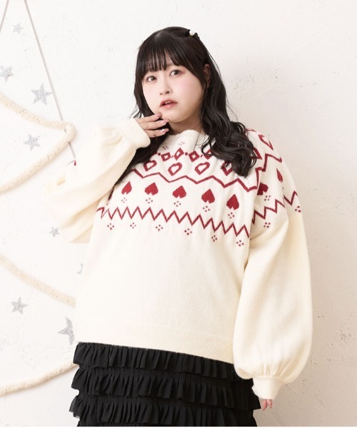 Louiosy(ルオシー)の「【大きいサイズ】ハートノルディックニットチュニック(ニット/セーター・レディース・ピンク/アイボリー・4L/X-LARGE)」の1枚目の写真