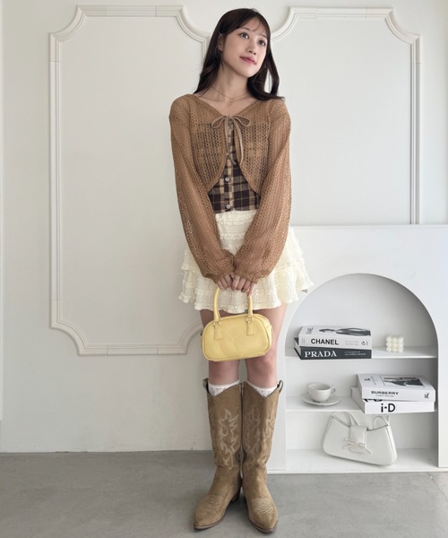 Loueme(ルエム)の「【2点SET】チェックビスチェ+メッシュ編みカーディガン(アンサンブル・レディース・ホワイト/ブラウン・FREE)」の8枚目の写真
