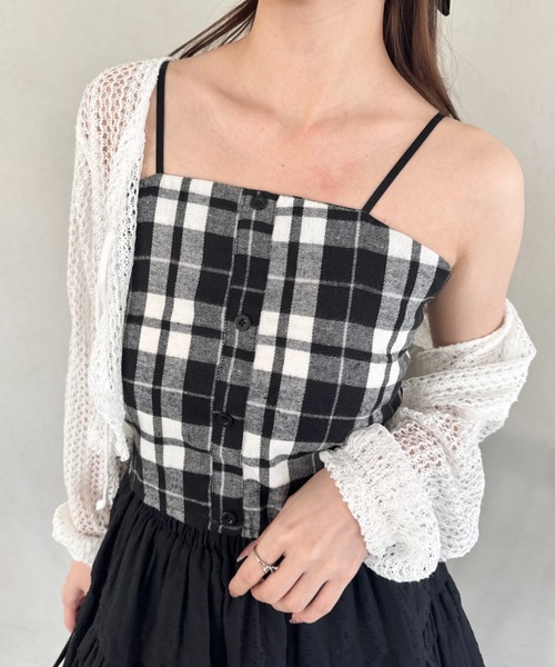 Loueme(ルエム)の「【2点SET】チェックビスチェ+メッシュ編みカーディガン(アンサンブル・レディース・ホワイト/ブラウン・FREE)」の9枚目の写真