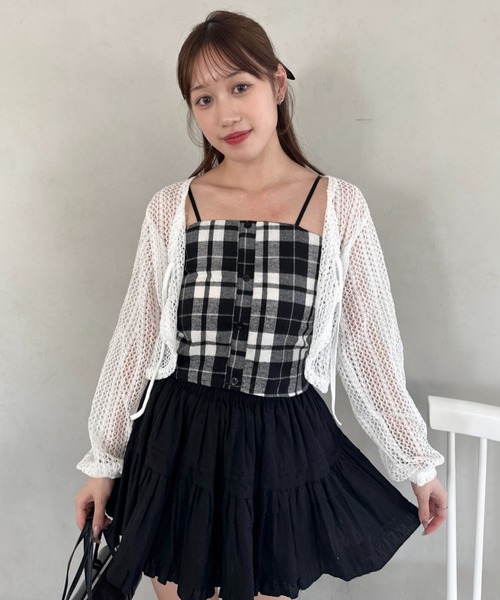 Loueme(ルエム)の「【2点SET】チェックビスチェ+メッシュ編みカーディガン(アンサンブル・レディース・ホワイト/ブラウン・FREE)」の11枚目の写真