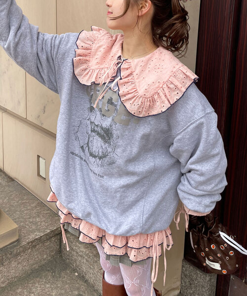 HELLO.SANFRANCISCO(ハローサンフランシスコ)の「【あや企画】【HELLO.SANFRANCISCO/ハローサンフランシスコ】配色ステッチフリルチュニック(チュニック・レディース・ピンク/ホワイト/ブラック・ONE SIZE)」の11枚目の写真