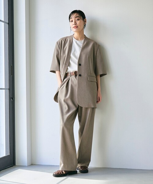 RONEL(ロネル)の「ノーカラー ハーフスリーブ ジャケット(ノーカラージャケット・レディース・ブラック/ライトブルー/ベージュ・S/M/L)」の4枚目の写真