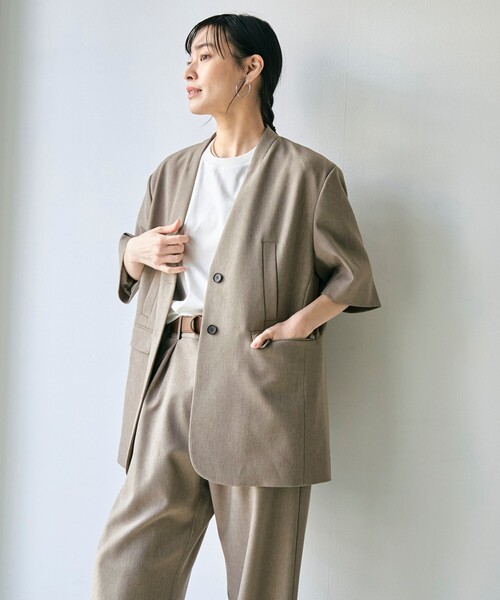 RONEL(ロネル)の「ノーカラー ハーフスリーブ ジャケット(ノーカラージャケット・レディース・ブラック/ライトブルー/ベージュ・S/M/L)」の9枚目の写真