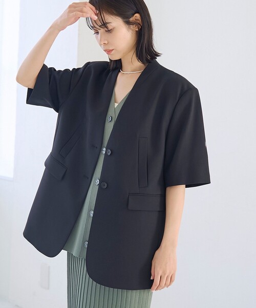 RONEL(ロネル)の「ノーカラー ハーフスリーブ ジャケット(ノーカラージャケット・レディース・ブラック/ライトブルー/ベージュ・S/M/L)」の16枚目の写真