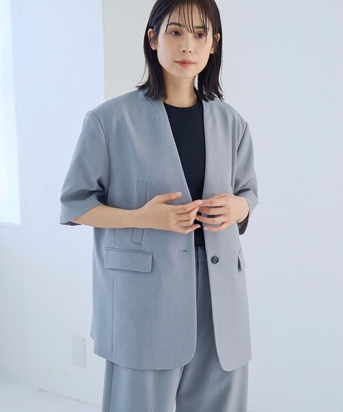 RONEL(ロネル)の「ノーカラー ハーフスリーブ ジャケット(ノーカラージャケット・レディース・ブラック/ライトブルー/ベージュ・S/M/L)」の21枚目の写真