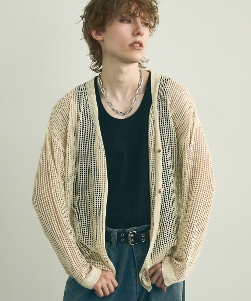 Shoowtime(ショウタイム)の「Big silhouette knit loose sheer cardigan / ビッグシルエットニットルーズシアーカーディガン(カーディガン/ボレロ・メンズ・ブラック/オフホワイト・MEDIUM/LARGE/X-LARGE)」の1枚目の写真