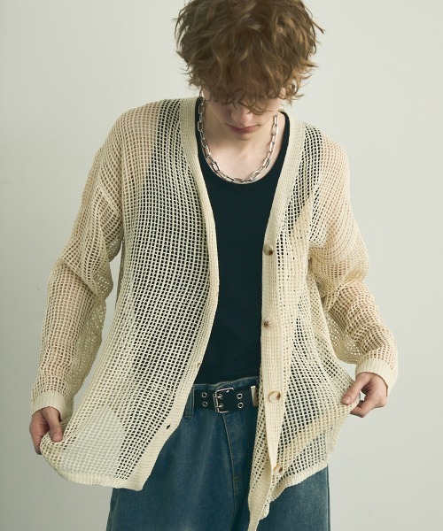 Shoowtime(ショウタイム)の「Big silhouette knit loose sheer cardigan / ビッグシルエットニットルーズシアーカーディガン(カーディガン/ボレロ・メンズ・ブラック/オフホワイト・MEDIUM/LARGE/X-LARGE)」の3枚目の写真