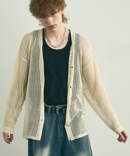 Shoowtime(ショウタイム)の「Big silhouette knit loose sheer cardigan / ビッグシルエットニットルーズシアーカーディガン(カーディガン/ボレロ・メンズ・ブラック/オフホワイト・MEDIUM/LARGE/X-LARGE)」の5枚目の写真