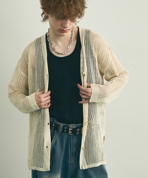 Shoowtime(ショウタイム)の「Big silhouette knit loose sheer cardigan / ビッグシルエットニットルーズシアーカーディガン(カーディガン/ボレロ・メンズ・ブラック/オフホワイト・MEDIUM/LARGE/X-LARGE)」の6枚目の写真