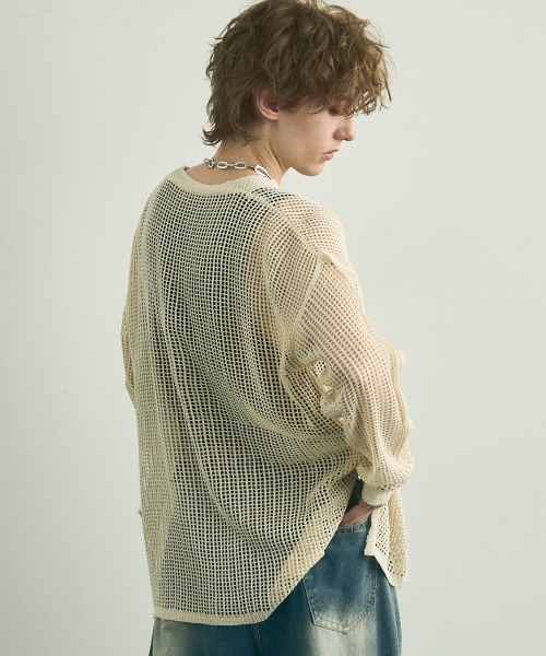 Shoowtime(ショウタイム)の「Big silhouette knit loose sheer cardigan / ビッグシルエットニットルーズシアーカーディガン(カーディガン/ボレロ・メンズ・ブラック/オフホワイト・MEDIUM/LARGE/X-LARGE)」の7枚目の写真
