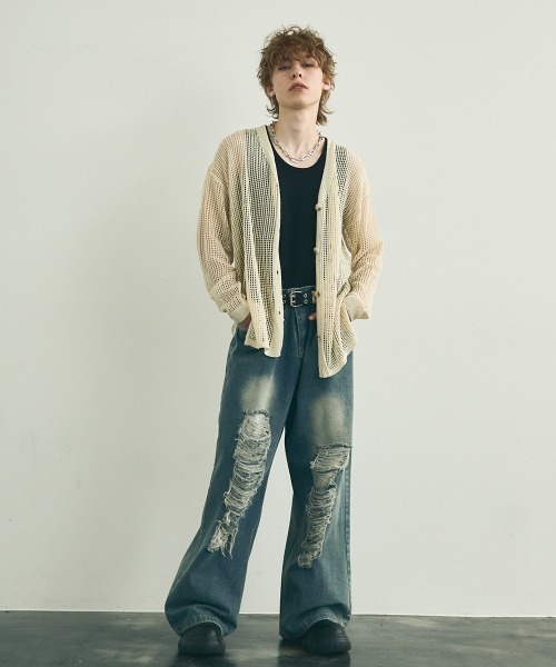 Shoowtime(ショウタイム)の「Big silhouette knit loose sheer cardigan / ビッグシルエットニットルーズシアーカーディガン(カーディガン/ボレロ・メンズ・ブラック/オフホワイト・MEDIUM/LARGE/X-LARGE)」の11枚目の写真
