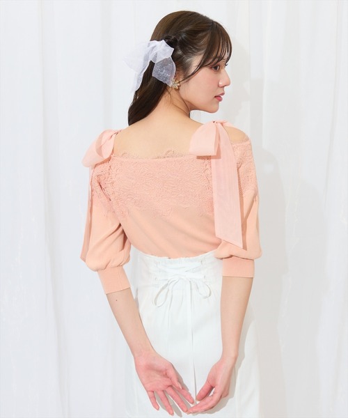 WILLSELECTION(ウィルセレクション)の「レーストリミング肩リボンニット(ニット/セーター・レディース・オレンジ/オフホワイト/ブルー系その他/ブラック・FREE)」の7枚目の写真