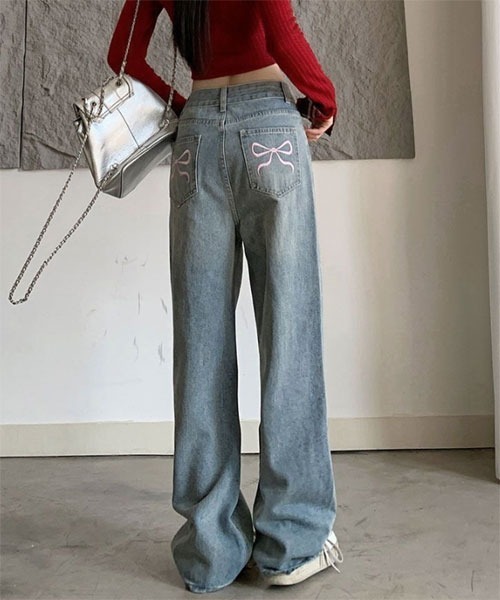 URGE：】バック ポケット リボン 刺繍 デニムパンツ（デニムパンツ