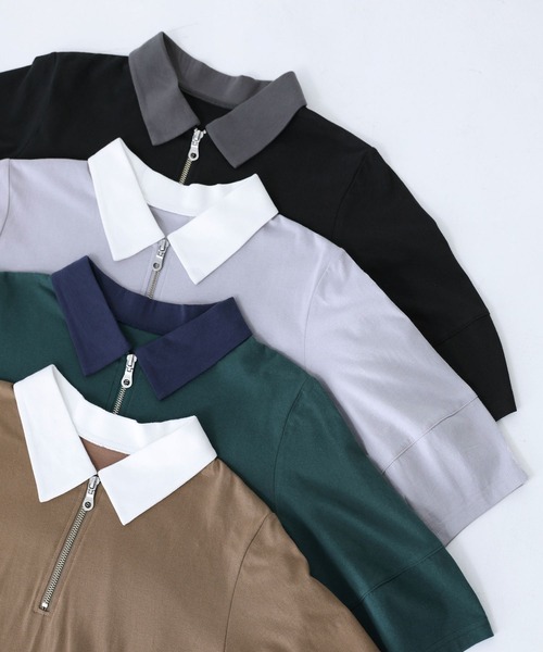 n'OrLABEL（ノアールレーベル）の「『ハーフジップランタンポロカットソー』（ポロシャツ・レディース・ライトグレー/グリーン/ベージュ/ブラック・1/2）」の5枚目の写真