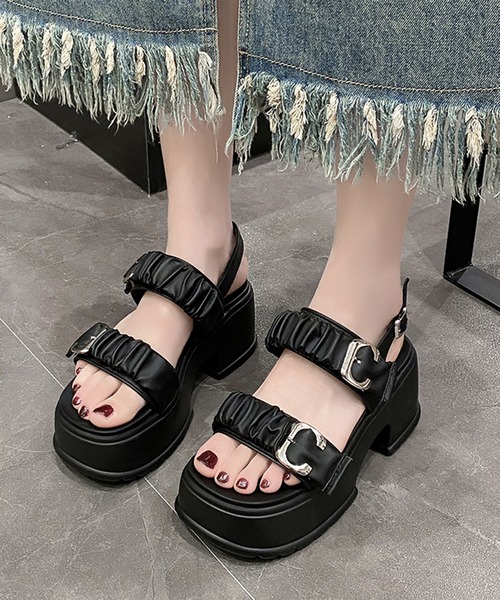 セール】ギャザー ダブルベルト バックストラップ 厚底 サンダル
