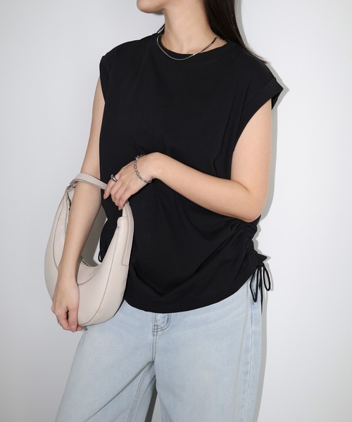 andme（アンドミー）の「シルケットライクサイドギャザーリボントップス（Tシャツ/カットソー・レディース・オフホワイト/ブルー系その他/ベージュ/ブラック・M）」の21枚目の写真