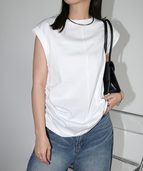 andme（アンドミー）の「シルケットライクサイドギャザーリボントップス（Tシャツ/カットソー・レディース・オフホワイト/ブルー系その他/ベージュ/ブラック・M）」の5枚目の写真