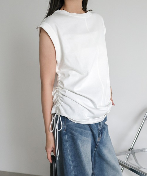 andme（アンドミー）の「シルケットライクサイドギャザーリボントップス（Tシャツ/カットソー・レディース・オフホワイト/ブルー系その他/ベージュ/ブラック・M）」の8枚目の写真
