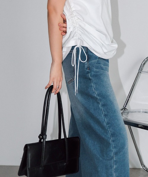 andme（アンドミー）の「シルケットライクサイドギャザーリボントップス（Tシャツ/カットソー・レディース・オフホワイト/ブルー系その他/ベージュ/ブラック・M）」の10枚目の写真