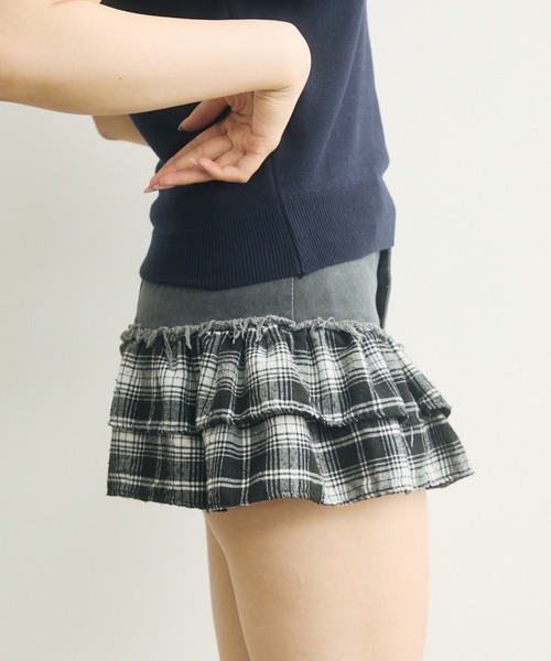 新品タグつき♡カタログ掲載♡フランシュリッペ♡デニムフリルスカート♡日本製 セール】チェックフリルデニムスカート（デニムスカート