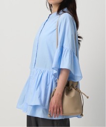 NAUL | バンドカラーアシンメトリーフリルブラウス / シャツ アシンメトリー ノーカラー ウォッシャブル コットン 五分丈 七分丈 半端丈 綿 春服 夏服 きれいめ カジュアル レディース アウトドア キャンプ デート ホワイト オフ 白 ブラック 黒 ブルー ライトブルー 青(シャツ/ブラウス)