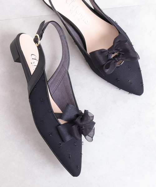 ダブルリボン シフォンジョーゼットバックストラップパンプス