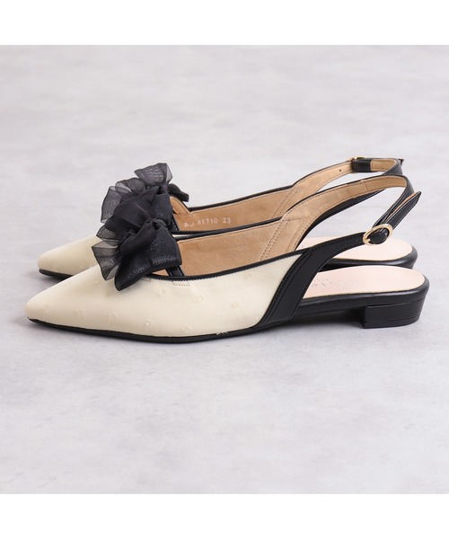 ダブルリボン シフォンジョーゼットバックストラップパンプス